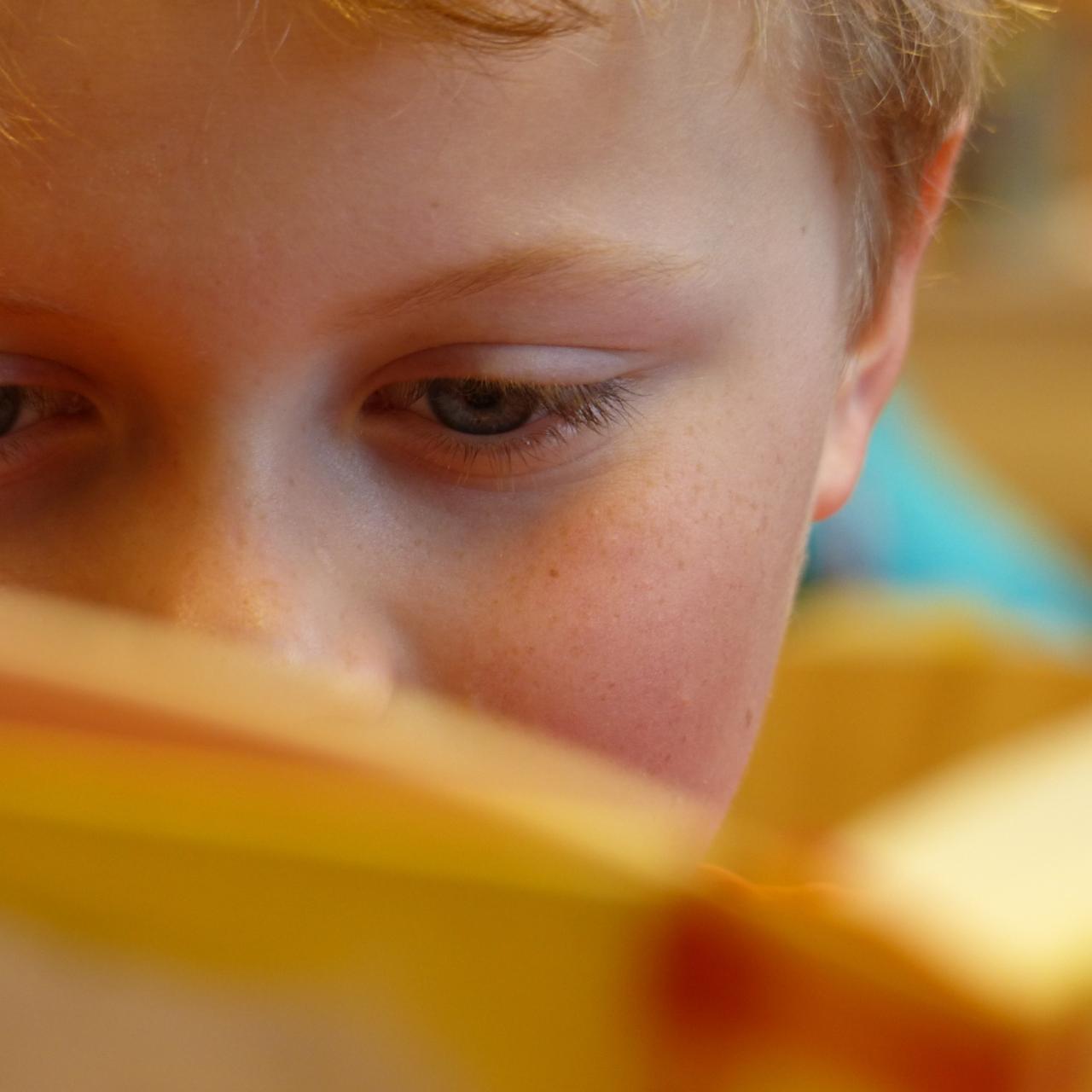 Lesender Buch. Gesicht ist halb von einem Buch verdeckt.